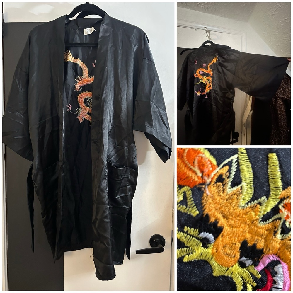 Silky Black Embroidered Dragon Kimono Robe 36” Long